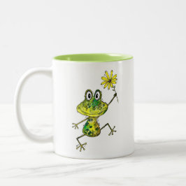 Cute Whimsical Lycklig Frog Två-Tonad Mugg