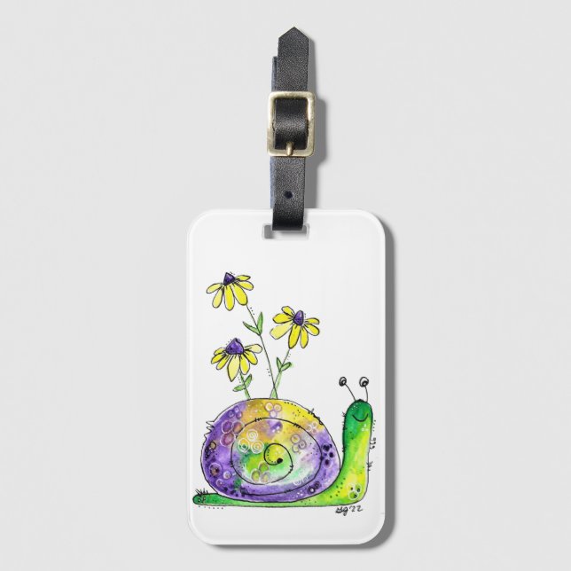 Cute Whimsical Lycklig Snigel med Gula blommor Bagagebricka (Framsida vertikal)