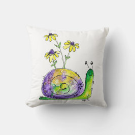 Cute Whimsical Lycklig Snigel med Gula blommor Kudde