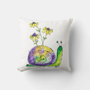 Cute Whimsical Lycklig Snigel med Gula blommor Kudde