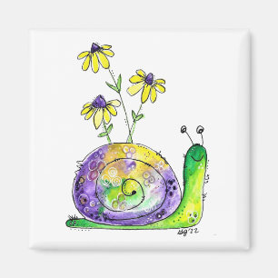 Cute Whimsical Lycklig Snigel med Gula blommor Magnet