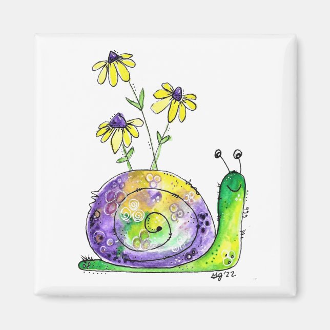 Cute Whimsical Lycklig Snigel med Gula blommor Magnet (Framsidan)
