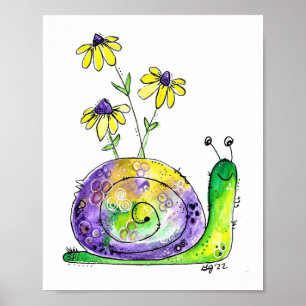Cute Whimsical Lycklig Snigel med Gula blommor Poster