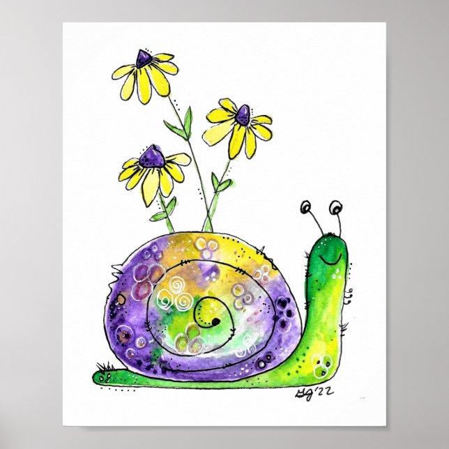 Cute Whimsical Lycklig Snigel med Gula blommor Poster (Framsidan)
