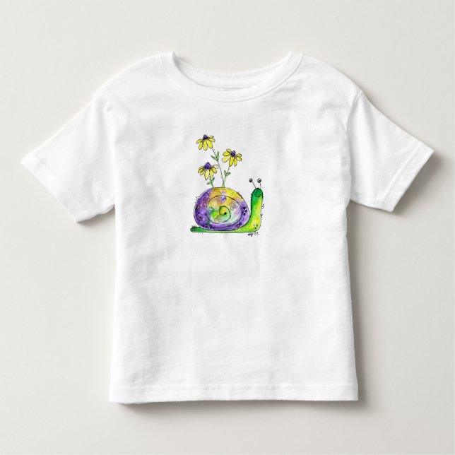 Cute Whimsical Lycklig Snigel med Gula blommor T Shirt (Framsida)