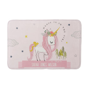 Cute Whimsical Magic Unicorn Rosa Princess Kids Badrumsmatta