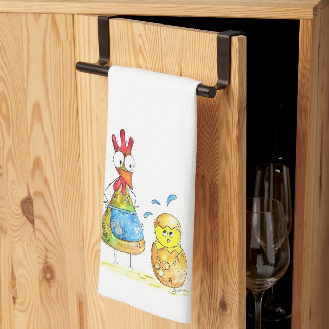 Cute Whimsical Mamma Chicken med Baby Kökshandduk (Thirds Fold)