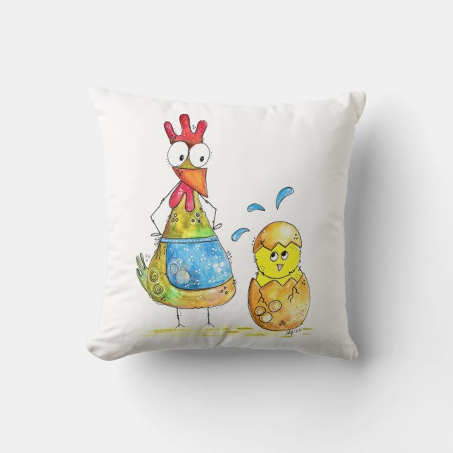 Cute Whimsical Mamma Chicken med Baby Kudde (Framsida)