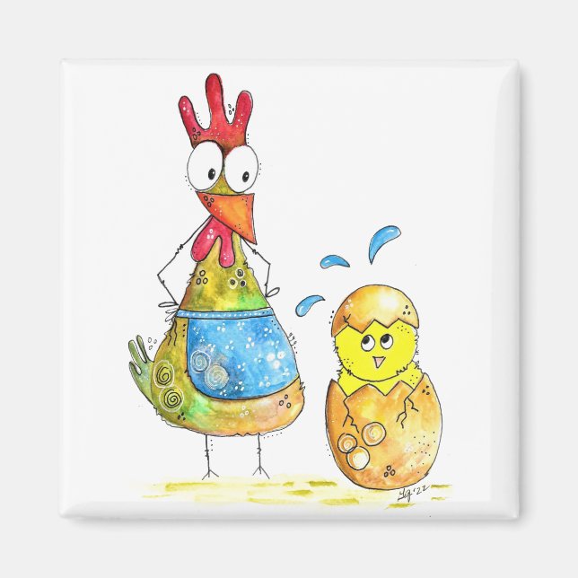 Cute Whimsical Mamma Chicken med Baby Magnet (Framsidan)
