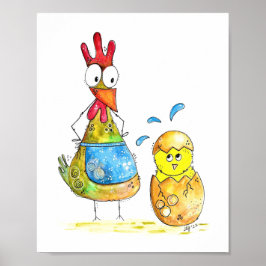 Cute Whimsical Mamma Chicken med Baby Poster