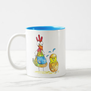 Cute Whimsical Mamma Chicken med Baby Två-Tonad Mugg