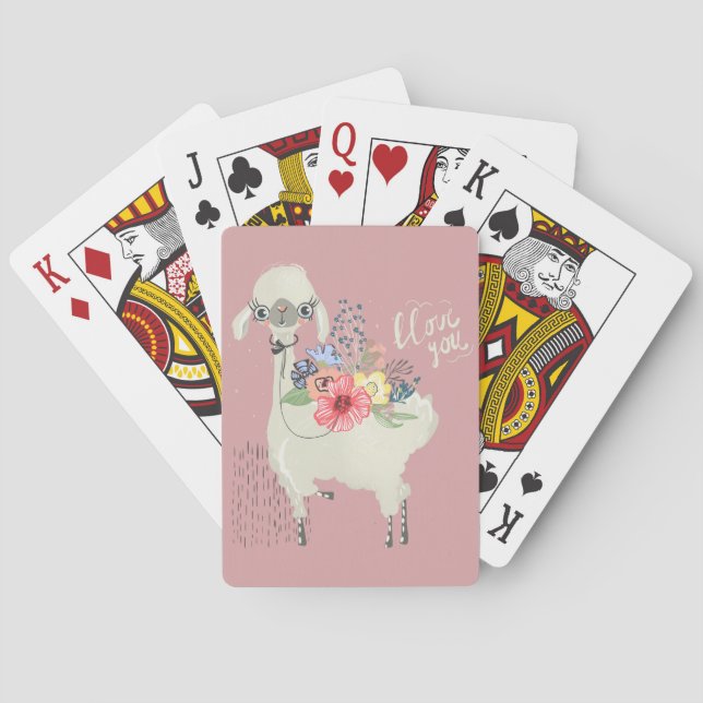 Cute Whimsical Modern Blommigt Llama I Kärlek You Casinokort (Baksidan)