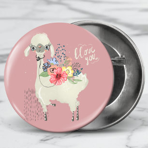 Cute Whimsical Modern Blommigt Llama I Kärlek You Knapp