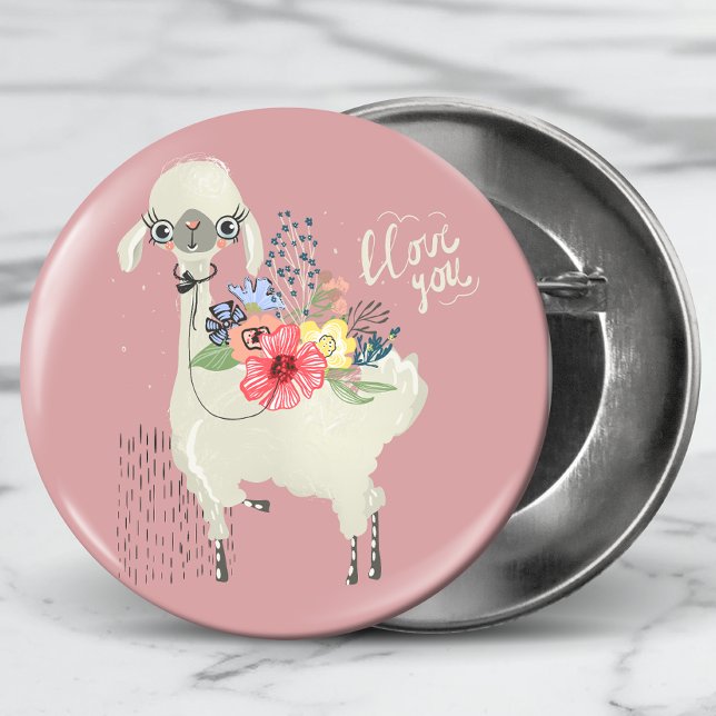 Cute Whimsical Modern Blommigt Llama I Kärlek You Knapp (Skapare uppladdad)
