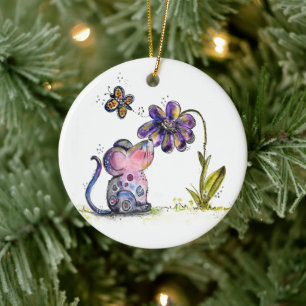 Cute Whimsical Mouse and Flower Julgransprydnad Keramik