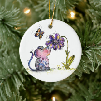 Cute Whimsical Mouse and Flower Julgransprydnad Keramik