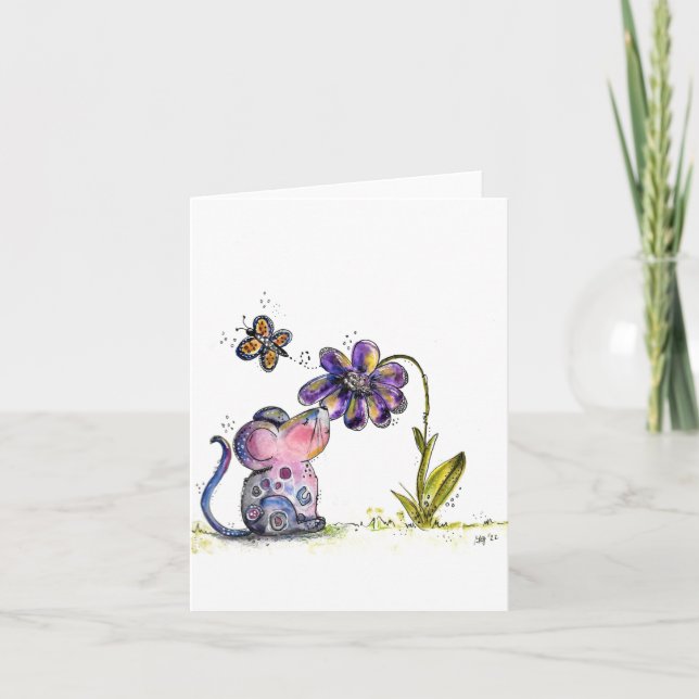 Cute Whimsical Mouse and Flower Kort (Framsida)