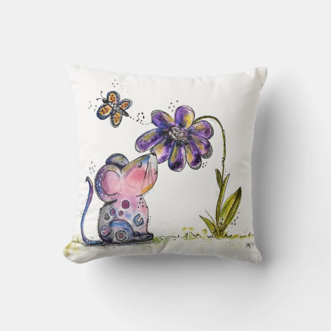 Cute Whimsical Mouse and Flower Kudde (Framsida)