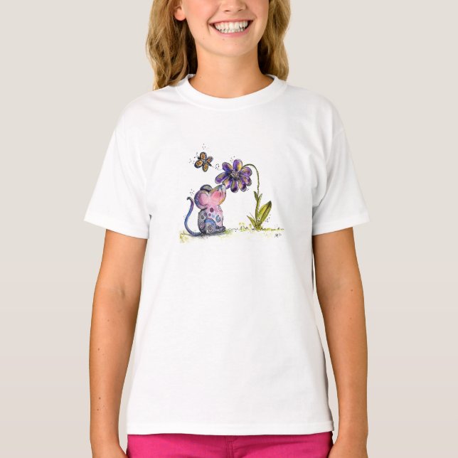 Cute Whimsical Mouse and Flower T Shirt (Framsida)