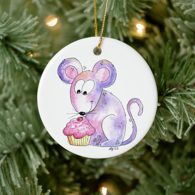 Cute Whimsical Mouse med cupkaka Julgransprydnad Keramik (Träd)