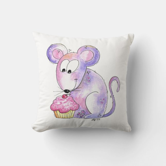 Cute Whimsical Mouse med cupkaka Kudde (Framsida)