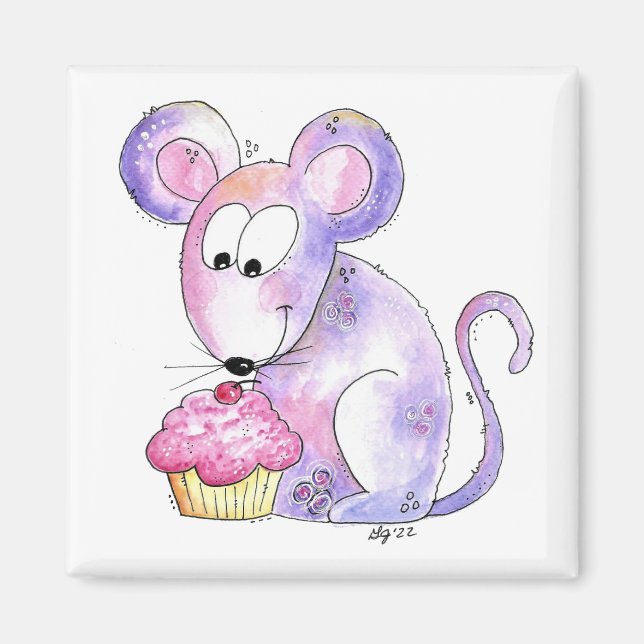 Cute Whimsical Mouse med cupkaka Magnet (Framsidan)