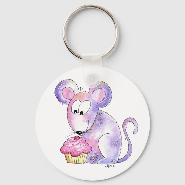 Cute Whimsical Mouse med cupkaka Nyckelring (Framsida)