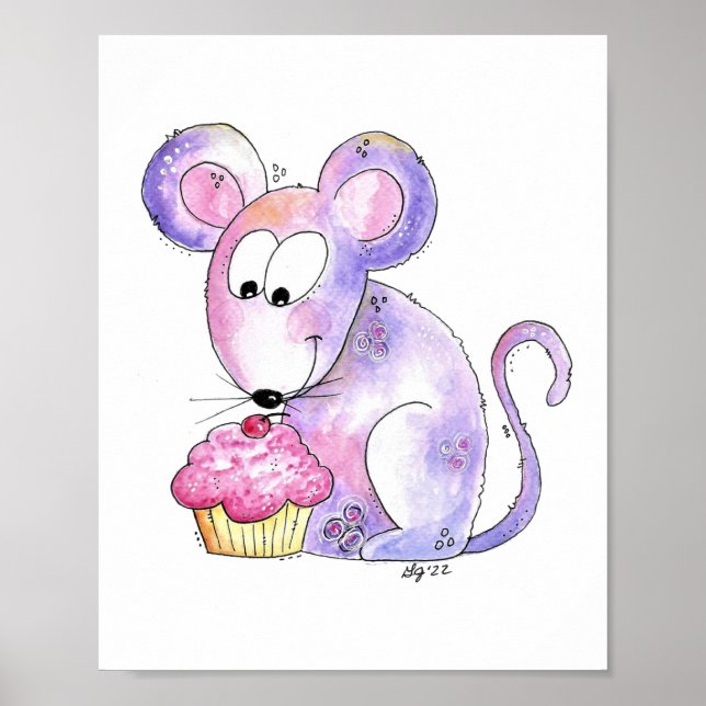 Cute Whimsical Mouse med cupkaka Poster (Framsidan)