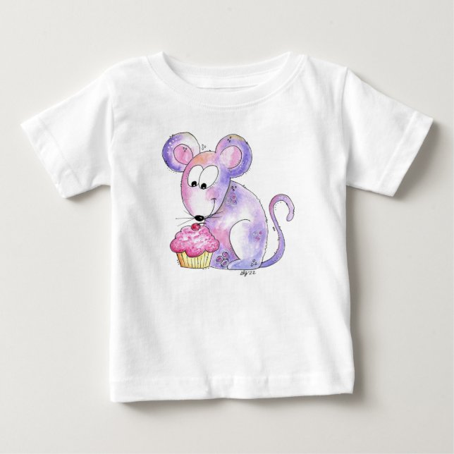 Cute Whimsical Mouse med cupkaka T Shirt (Framsida)