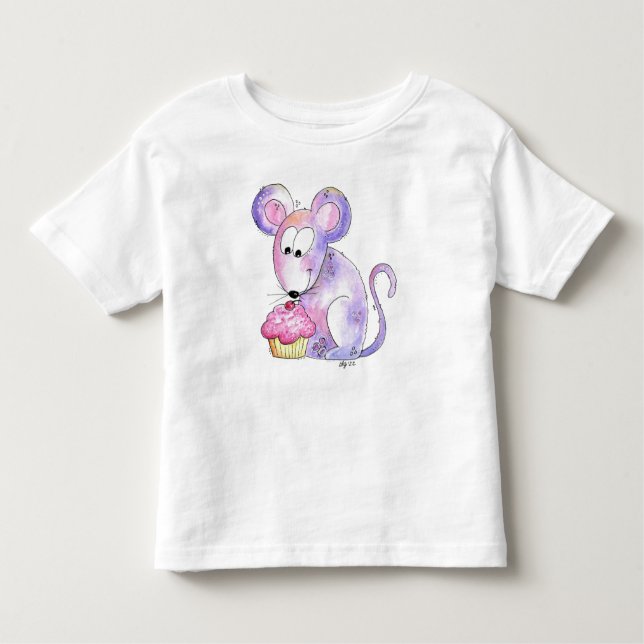 Cute Whimsical Mouse med cupkaka T Shirt (Framsida)
