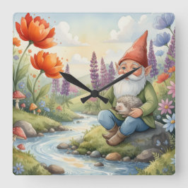 Cute Whimsical nursery gnome forest wall clock Fyrkantig Klocka