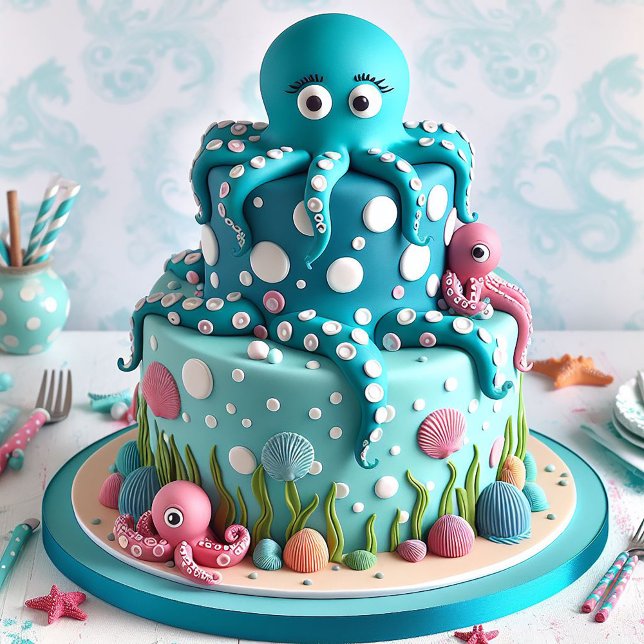 CUTE WHIMSICAL OCTOPUS THEME BARNS FÖDELSEDAG CAKE KORT (Skapare uppladdad)