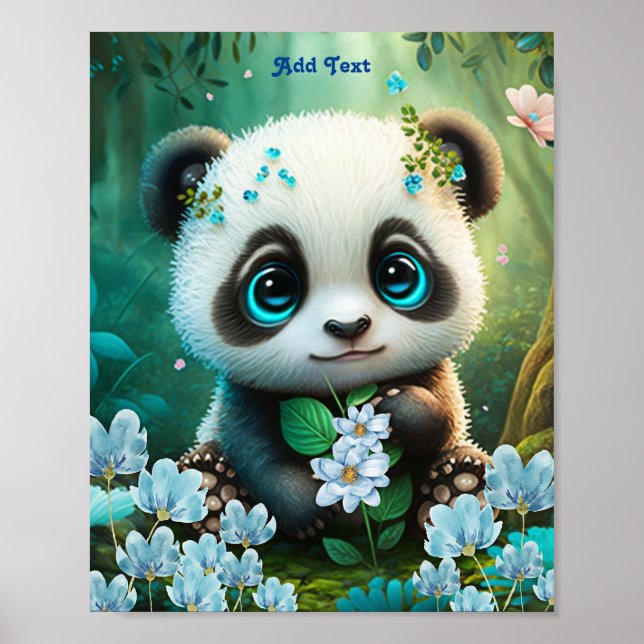 Cute Whimsical Panda Blue Blomsterträdgård Nursery Poster (Framsidan)