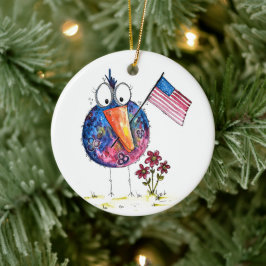 Cute Whimsical Patriotic Bird med Flagga Julgransprydnad Keramik