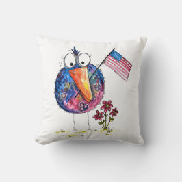 Cute Whimsical Patriotic Bird med Flagga Kudde