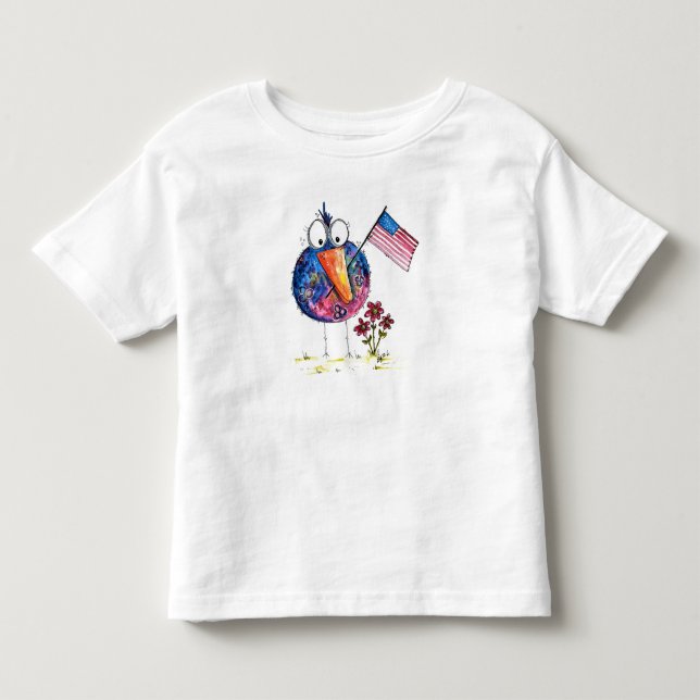 Cute Whimsical Patriotic Bird med Flagga T Shirt (Framsida)