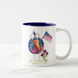 Cute Whimsical Patriotic Bird med Flagga Två-Tonad Mugg