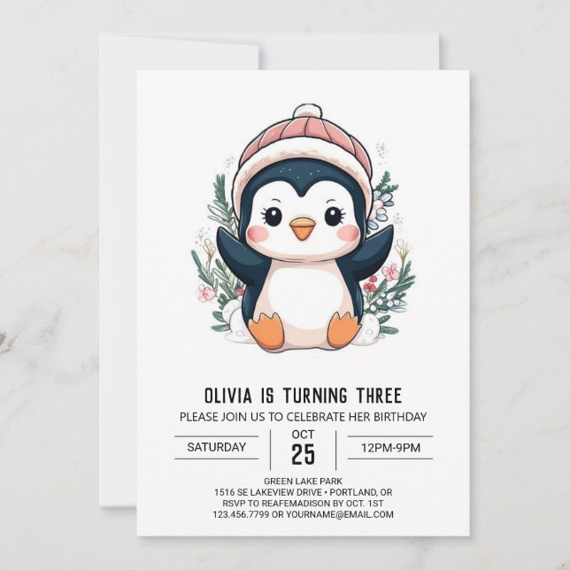 Cute Whimsical Penguin Digital Birthday Inbjudningar (Framsida)