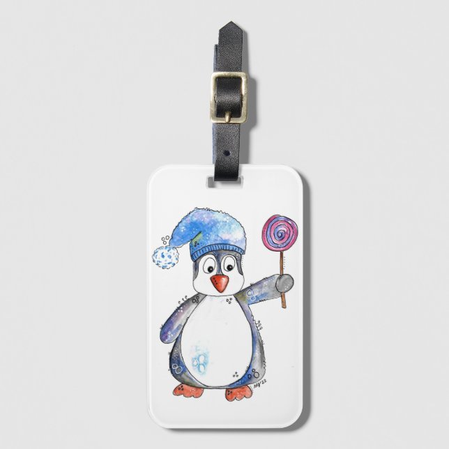 Cute Whimsical Penguin med Lollipop Bagagebricka (Framsida vertikal)