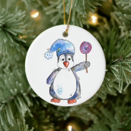 Cute Whimsical Penguin med Lollipop Julgransprydnad Keramik