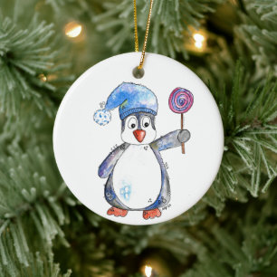 Cute Whimsical Penguin med Lollipop Julgransprydnad Keramik