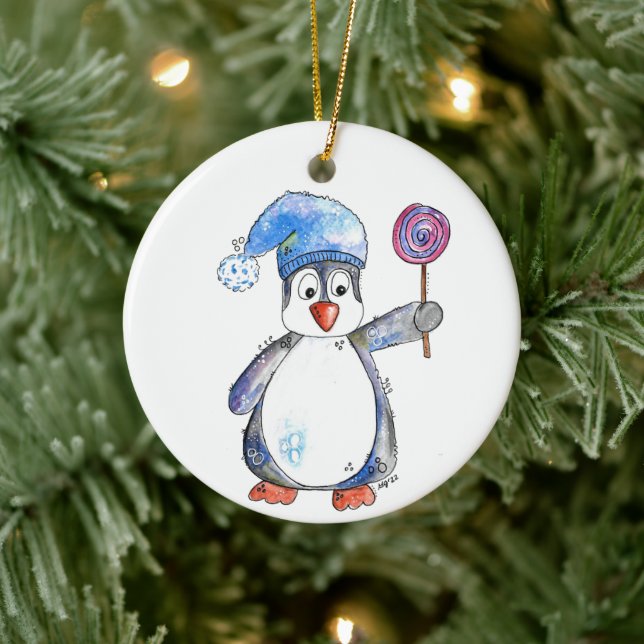 Cute Whimsical Penguin med Lollipop Julgransprydnad Keramik (Träd)