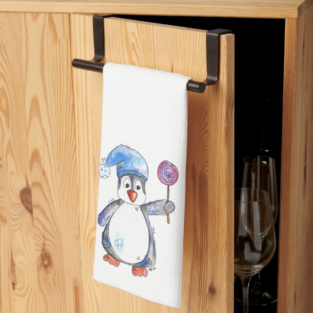 Cute Whimsical Penguin med Lollipop Kökshandduk (Thirds Fold)