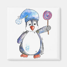 Cute Whimsical Penguin med Lollipop Magnet