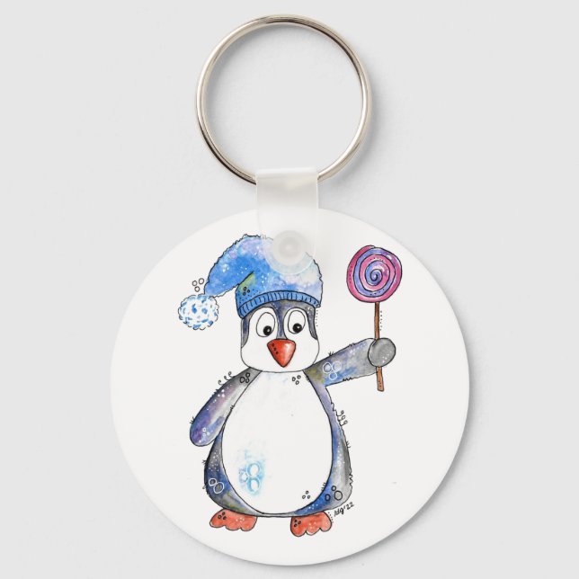 Cute Whimsical Penguin med Lollipop Nyckelring (Framsida)