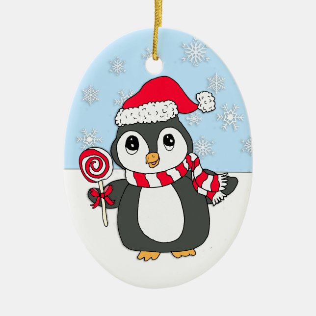 Cute Whimsical Penguin med Lollipop-Personlig Julgransprydnad Keramik (Framsidan)