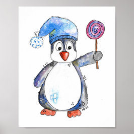 Cute Whimsical Penguin med Lollipop Poster