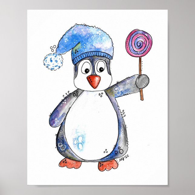 Cute Whimsical Penguin med Lollipop Poster (Framsidan)