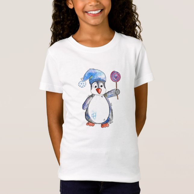Cute Whimsical Penguin med Lollipop T Shirt (Framsida)