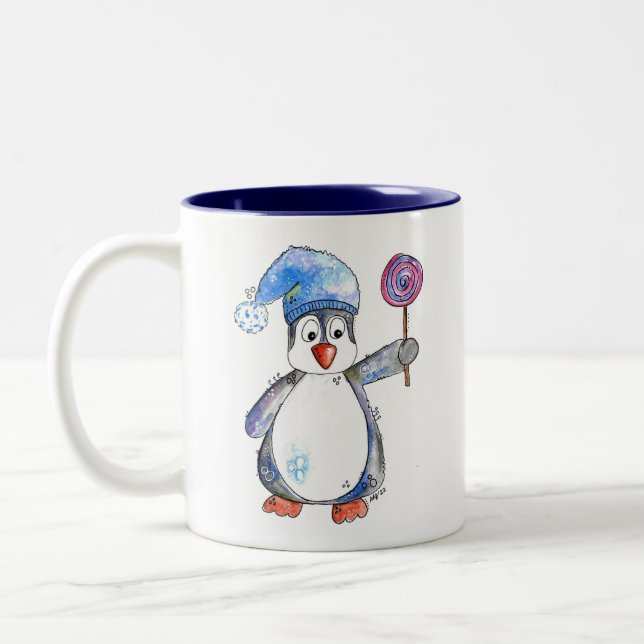 Cute Whimsical Penguin med Lollipop Två-Tonad Mugg (Vänster)